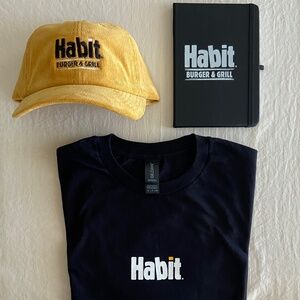 Habit Burger Bundle T-Shirt Small + Hat + Notebook + Drawstring Bag NWT ⭐️